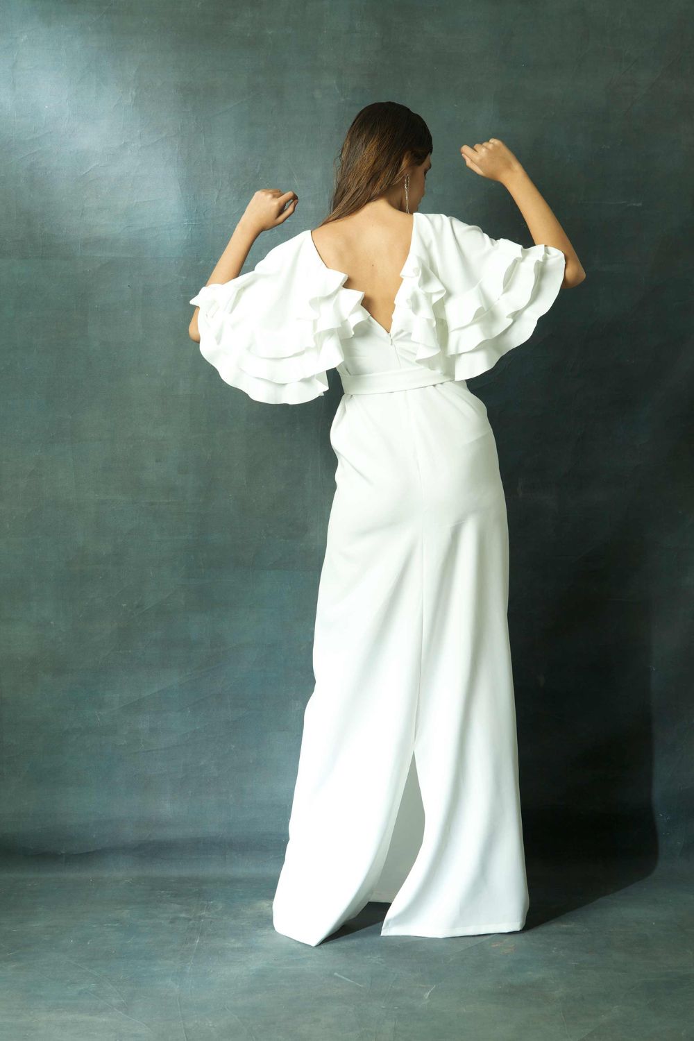 Long Drape Dress With Ruffled Cape Sleeves And Belt